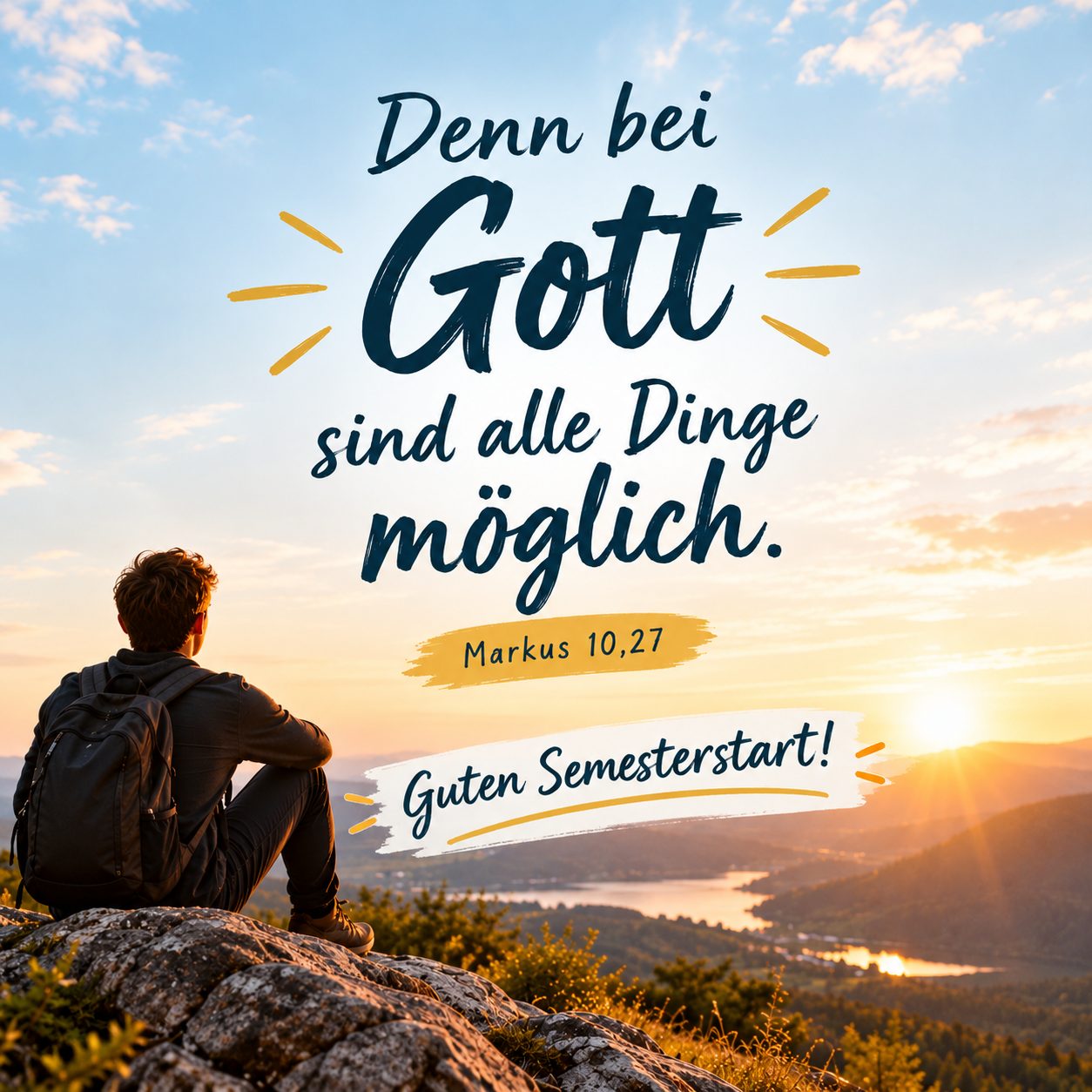 Junger Mann mit Rucksack blickt bei Sonnenaufgang über eine Landschaft, dazu der Text: Denn bei Gott sind alle Dinge möglich. Markus 10,27. Guten Semesterstart!